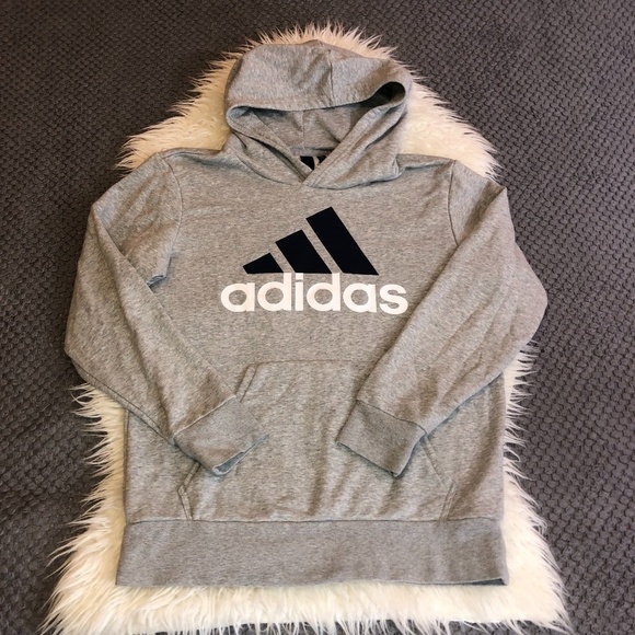 ADIDAS Gray Navy Logo Sweatshirt Hooded Pullover Sz M - Picture 1 of 8